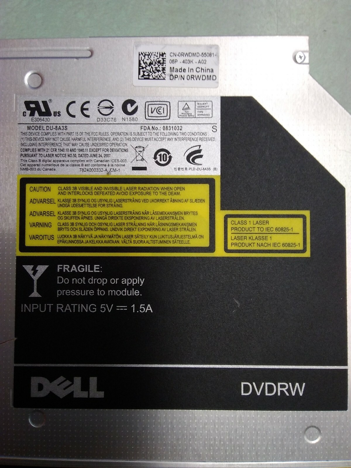 Dell DVD/RW Model: DU-8A3S P/N: 0RWDMD Multi Recorder