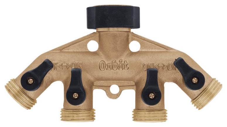 NEW ORBIT 62010N WATER MASTER BRASS 4 WAY & VALVES MANIFOLD GARDEN HOSE 9034430