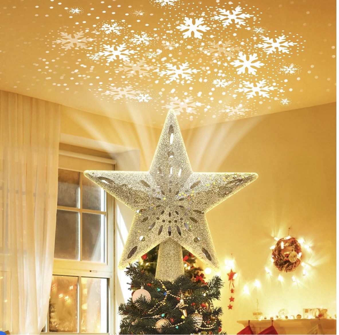 Christmas Star Tree Topper with Built-in Led Snowflake Projector Lights Hollowed