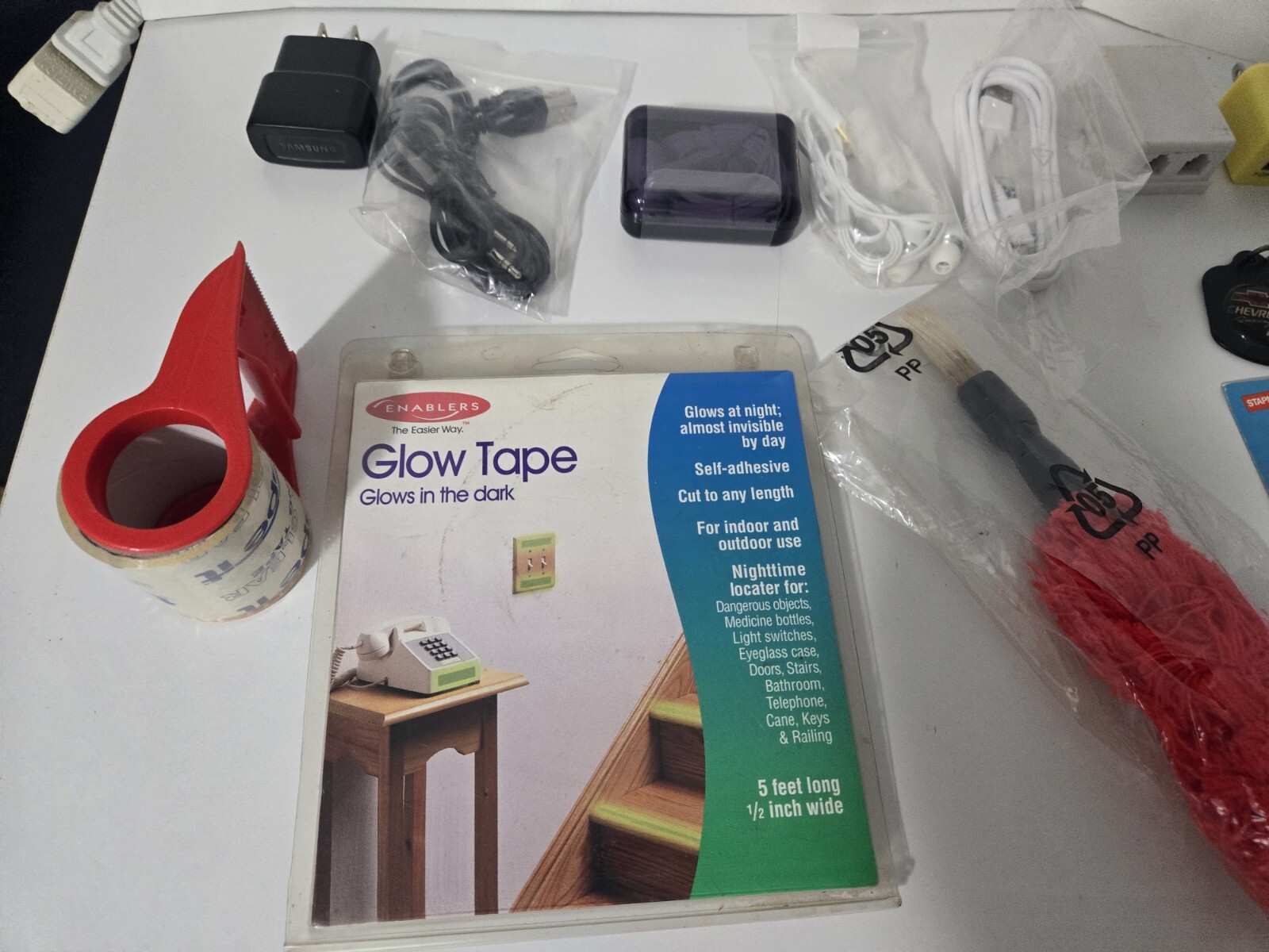 Mixed Lot Of Office Supplies, Chargers, Ear Buds, Exc. Check Photos