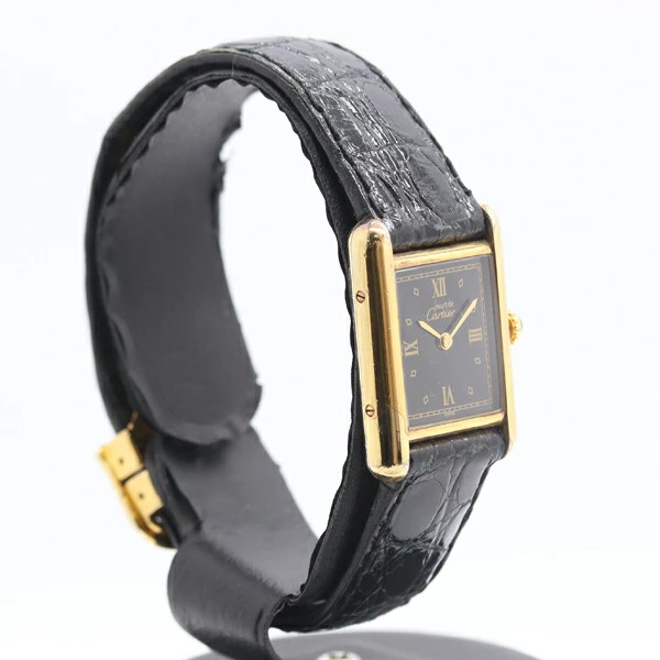 Cartier Must Tank 5057001 Quartz Black Dial Ladies Watch Square Accessary Auth