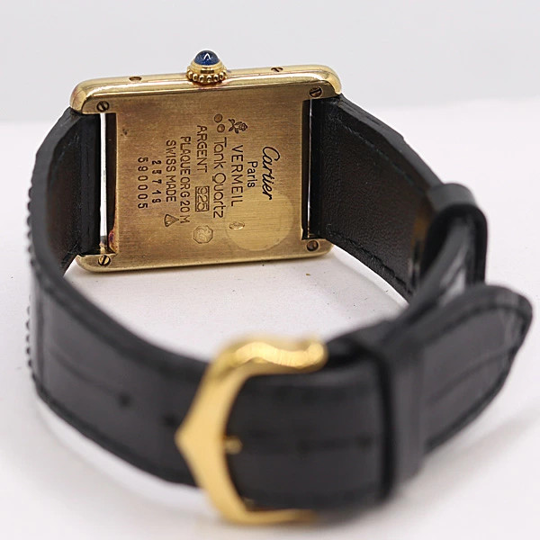 Cartier Must Tank 590005 SV925 Quartz Ladies Watch Square Dial Black Band Auth