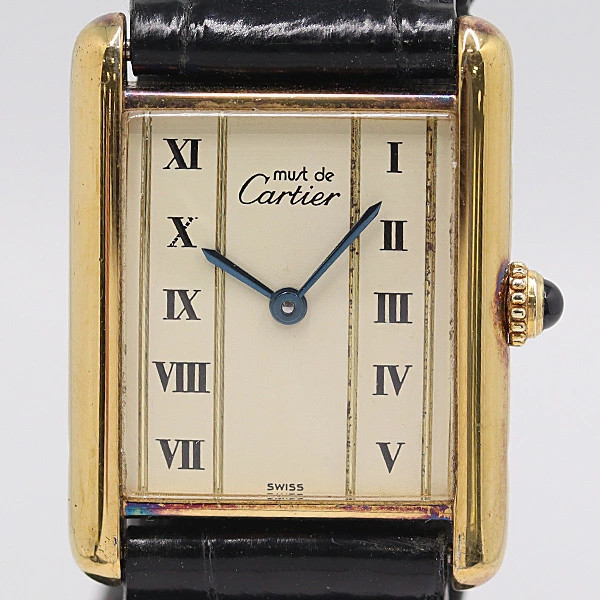 Cartier Must Tank 590005 SV925 Quartz Ladies Watch Square Dial Black Band Auth