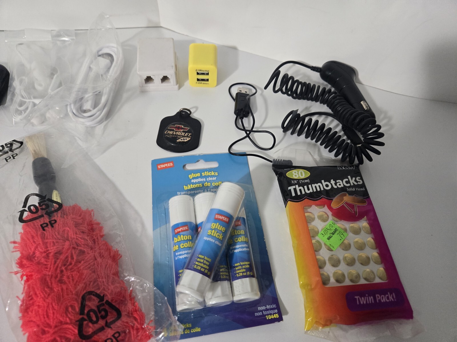 Mixed Lot Of Office Supplies, Chargers, Ear Buds, Exc. Check Photos