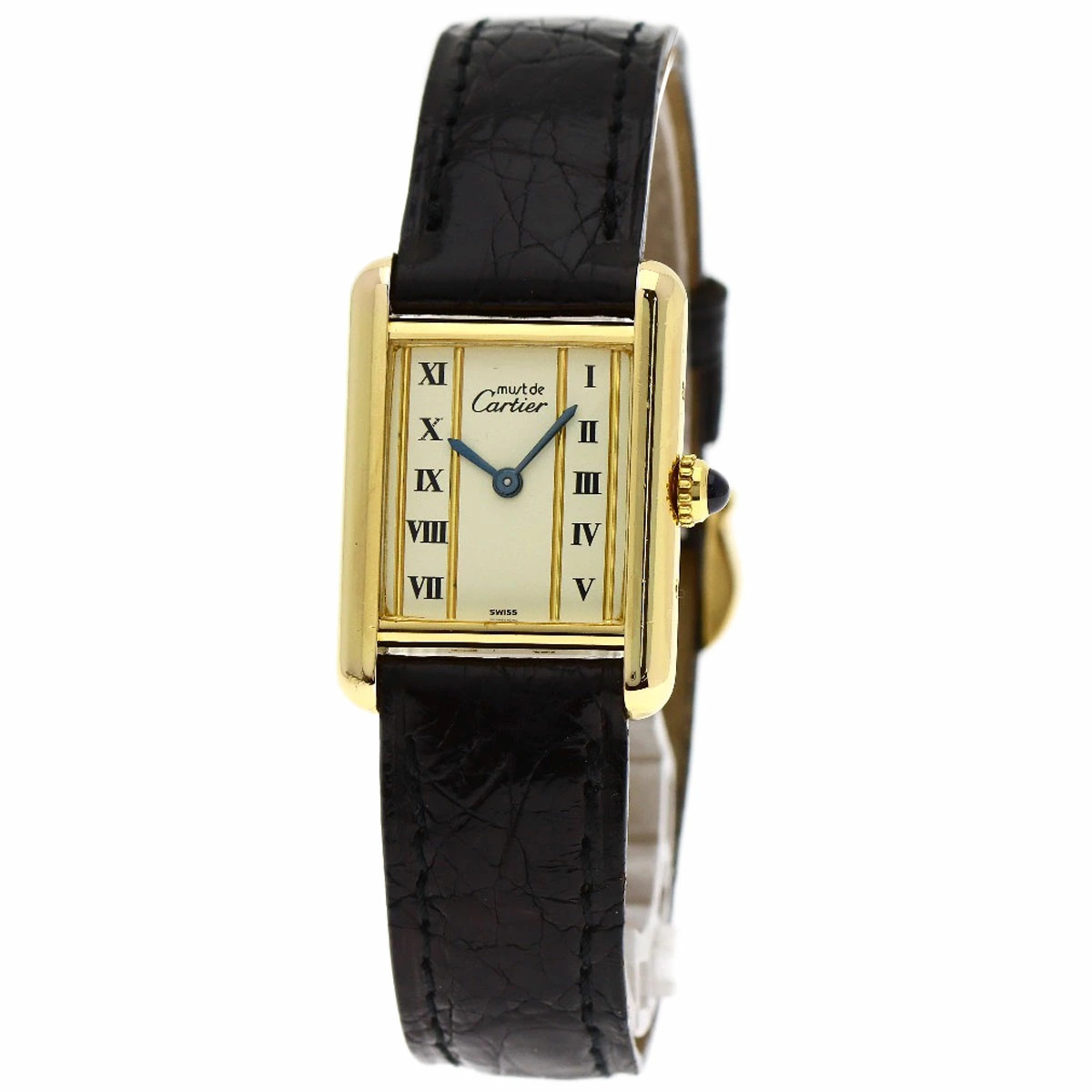 Cartier Must Tank Watch Silver Leather Women’s Quartz Square Dial Box Accessary