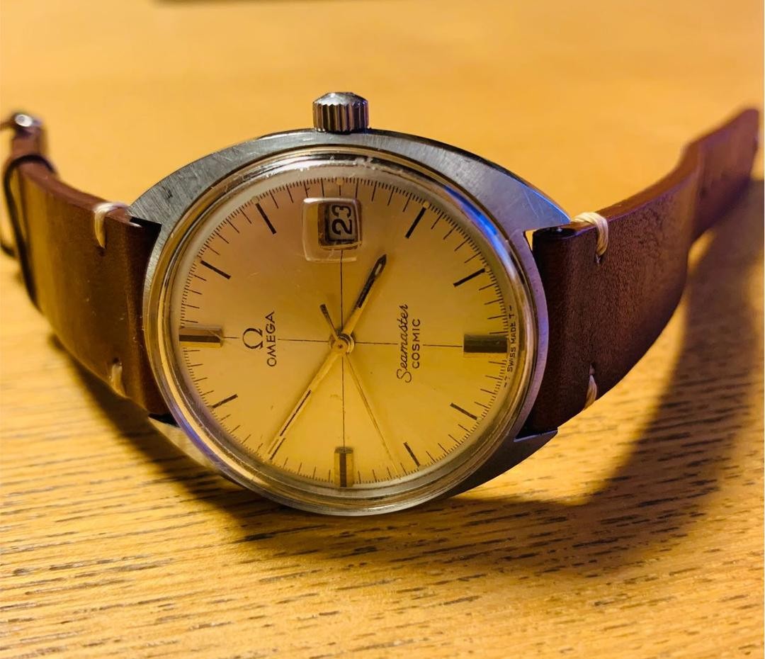Omega Watch Seamaster Cosmic Silver Case Leather Band Manual Winding Auth Rare