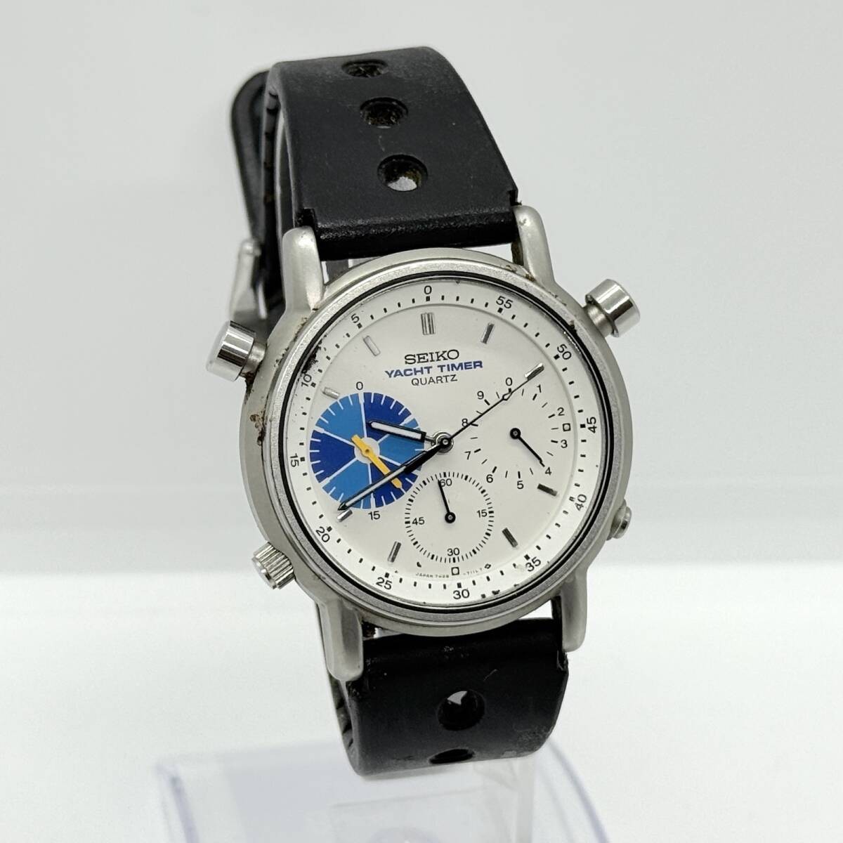 SEIKO Watch Yacht Timer 7A28-7090 351142 White Quartz Leather Men’s Auth Rare