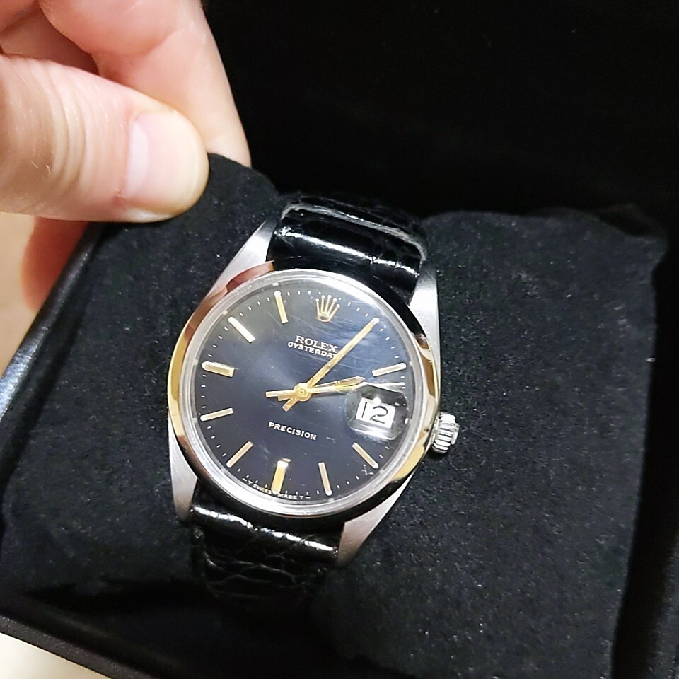 Rolex Watch Oysterdate 6694 Precision Black Gold Leather Strap SS Men’s w/Boxed
