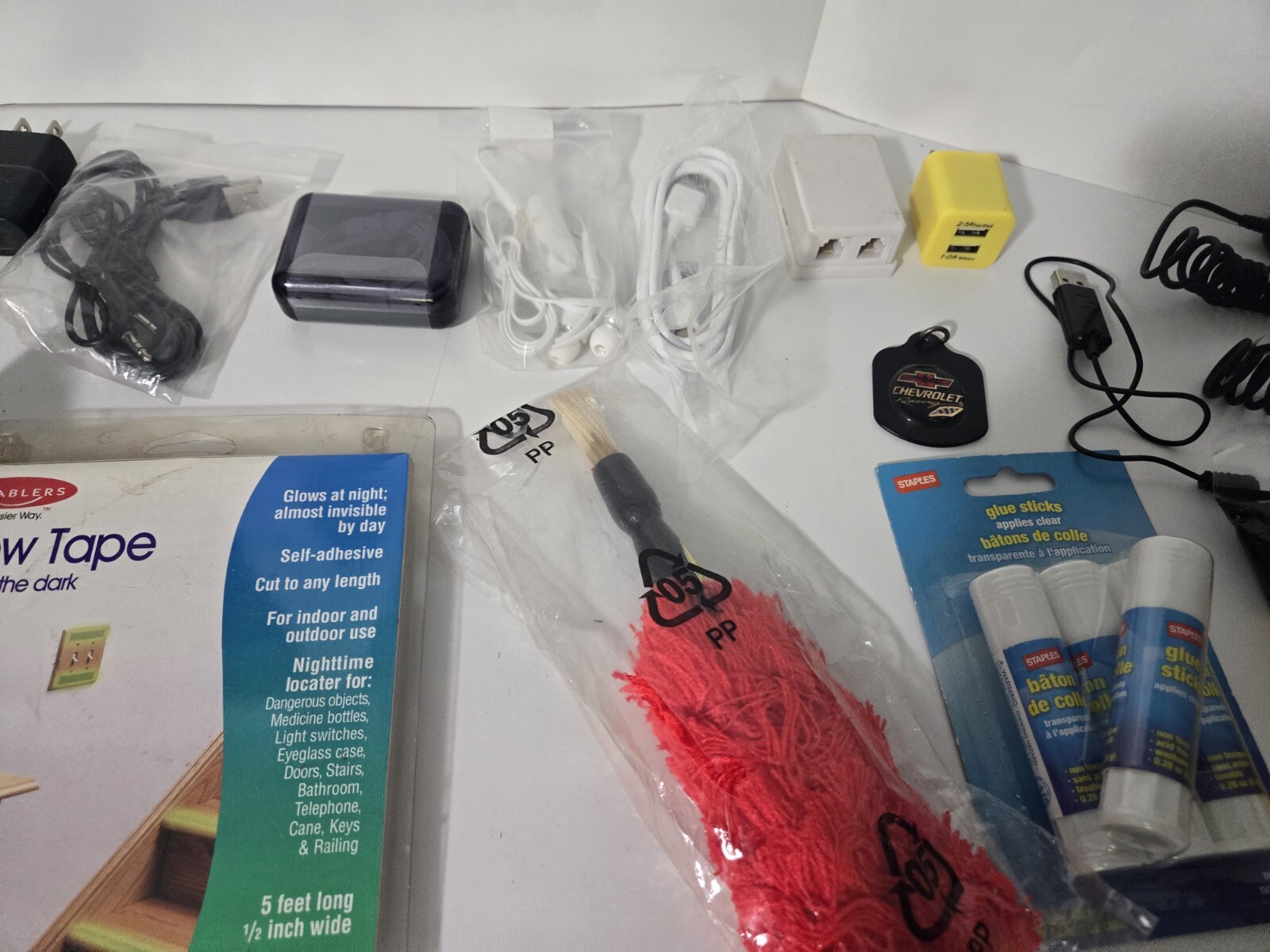 Mixed Lot Of Office Supplies, Chargers, Ear Buds, Exc. Check Photos