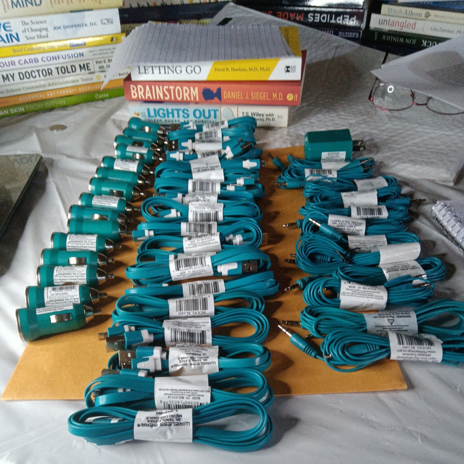 HUGE 48pc. TEAL ELECTRONICS LOT.Car Chargers, Micro USB, AUX cable.RESELLER GOLD