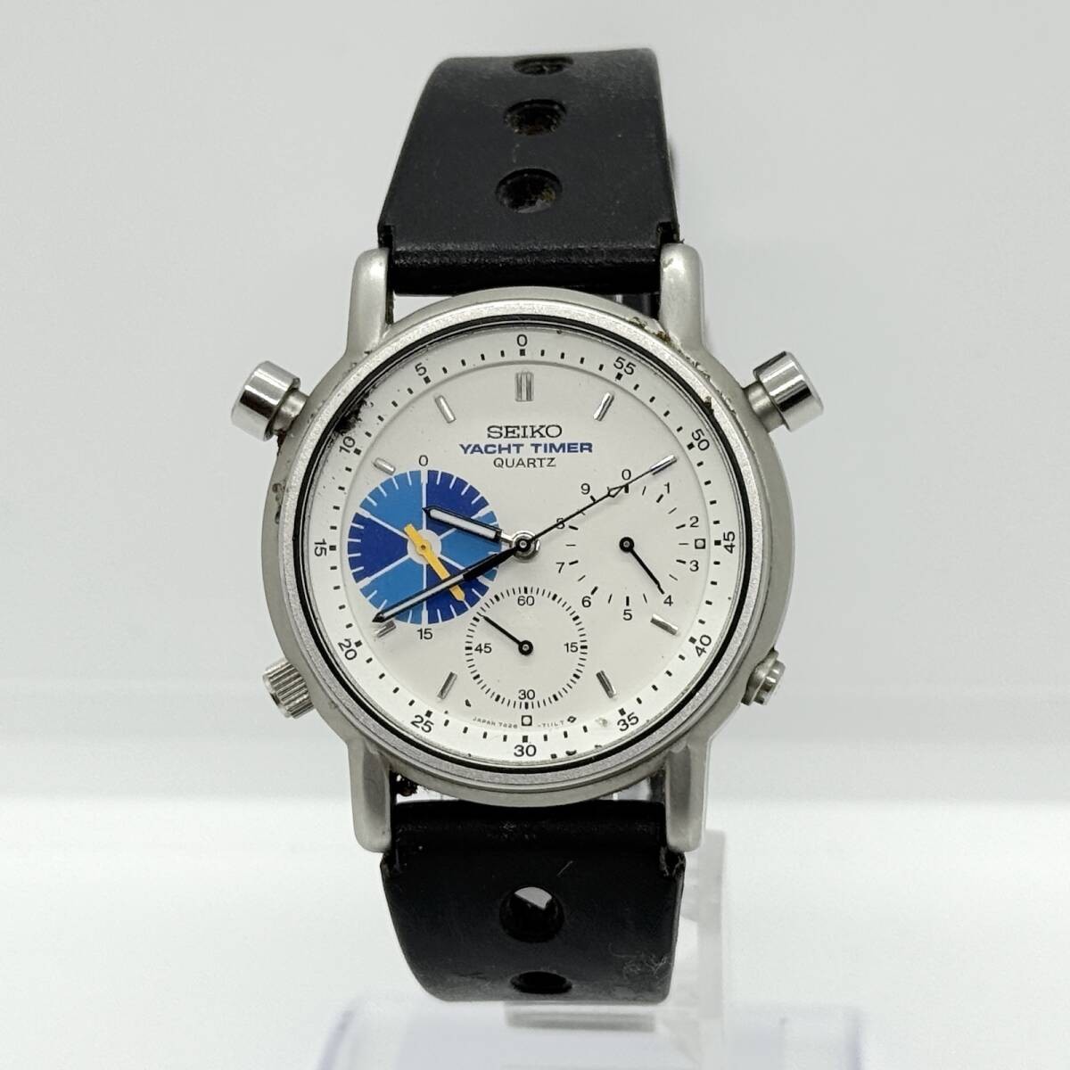 SEIKO Watch Yacht Timer 7A28-7090 351142 White Quartz Leather Men’s Auth Rare