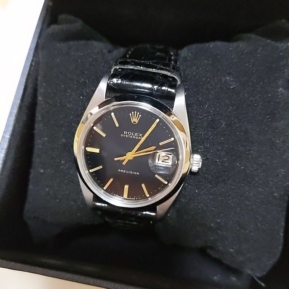Rolex Watch Oysterdate 6694 Precision Black Gold Leather Strap SS Men’s w/Boxed