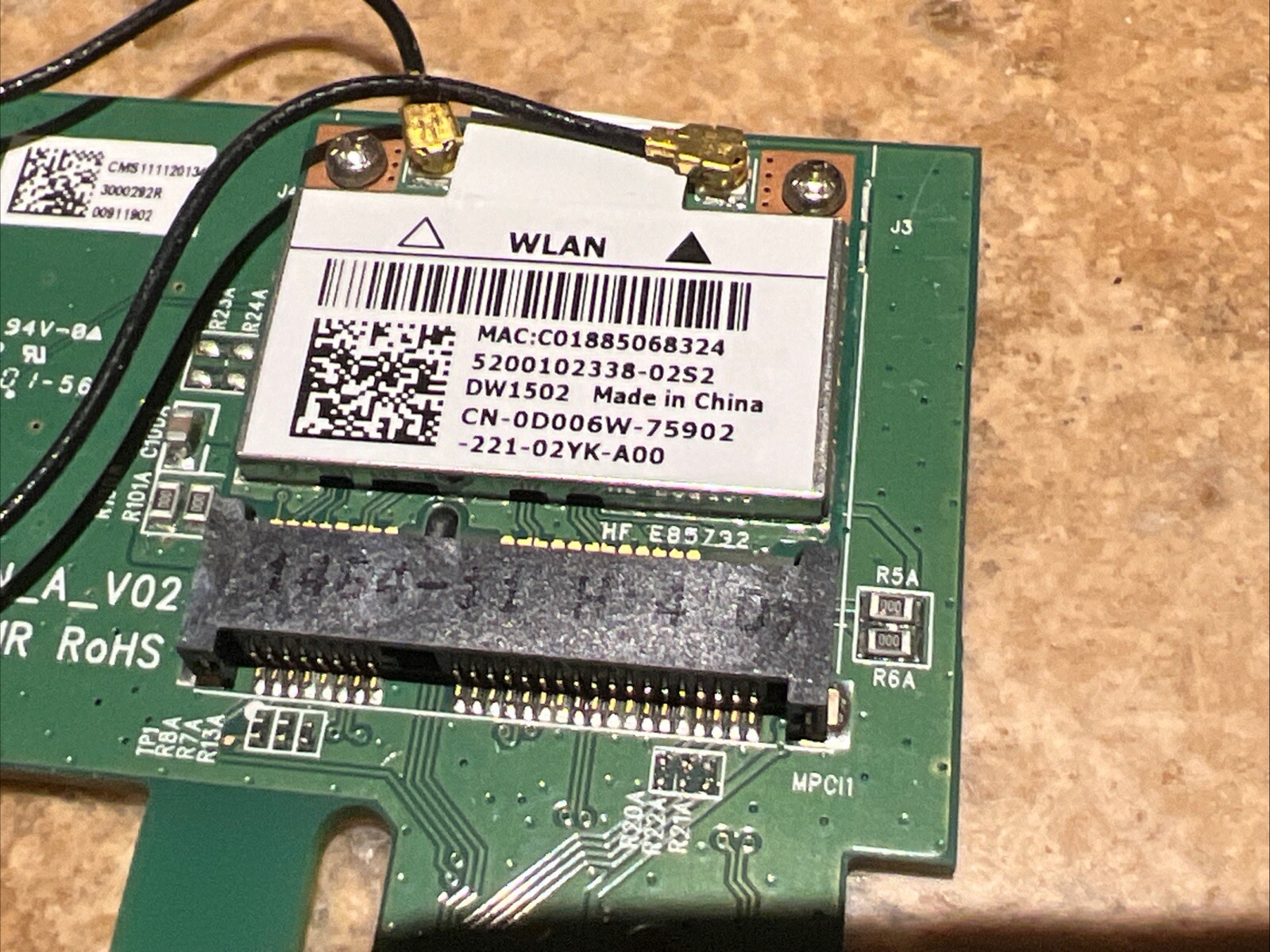Dell WPET 123GN A V02 PCIe 19K A08 2101R WLAN Mini Card P/N: 056CGK Low Profile