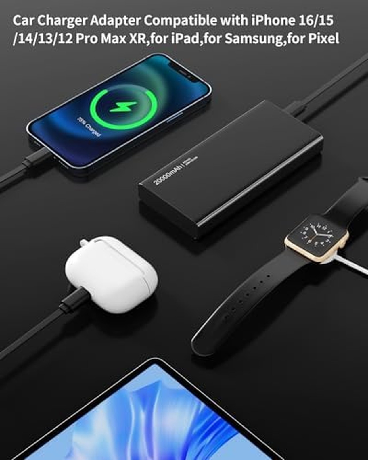 BERTHALESS Retractable 4-in-1 Fast Car Charger USB-C USB-A for iPhone Galaxy