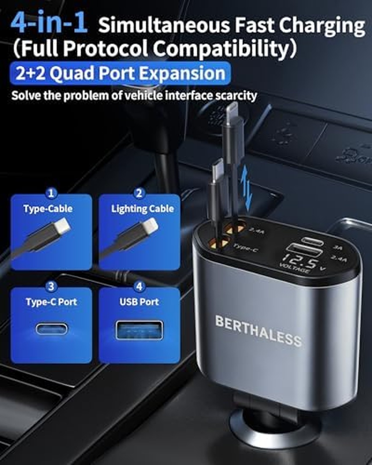 BERTHALESS Retractable 4-in-1 Fast Car Charger USB-C USB-A for iPhone Galaxy