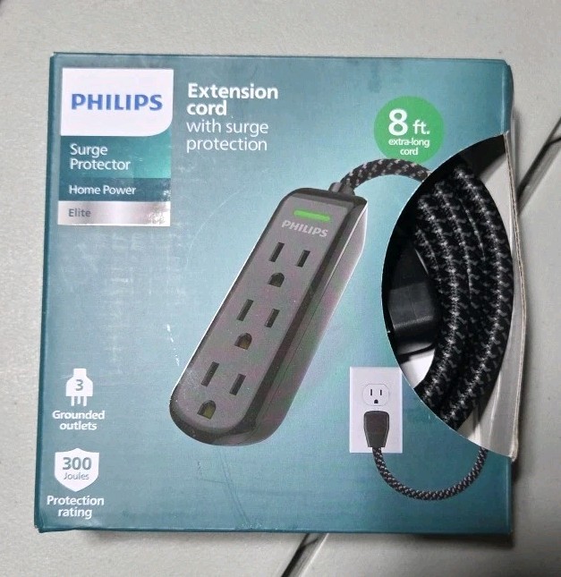Philips 3-Outlet Grounded Extension Cord, 8 Ft Indoor Extension Cord with Surge
