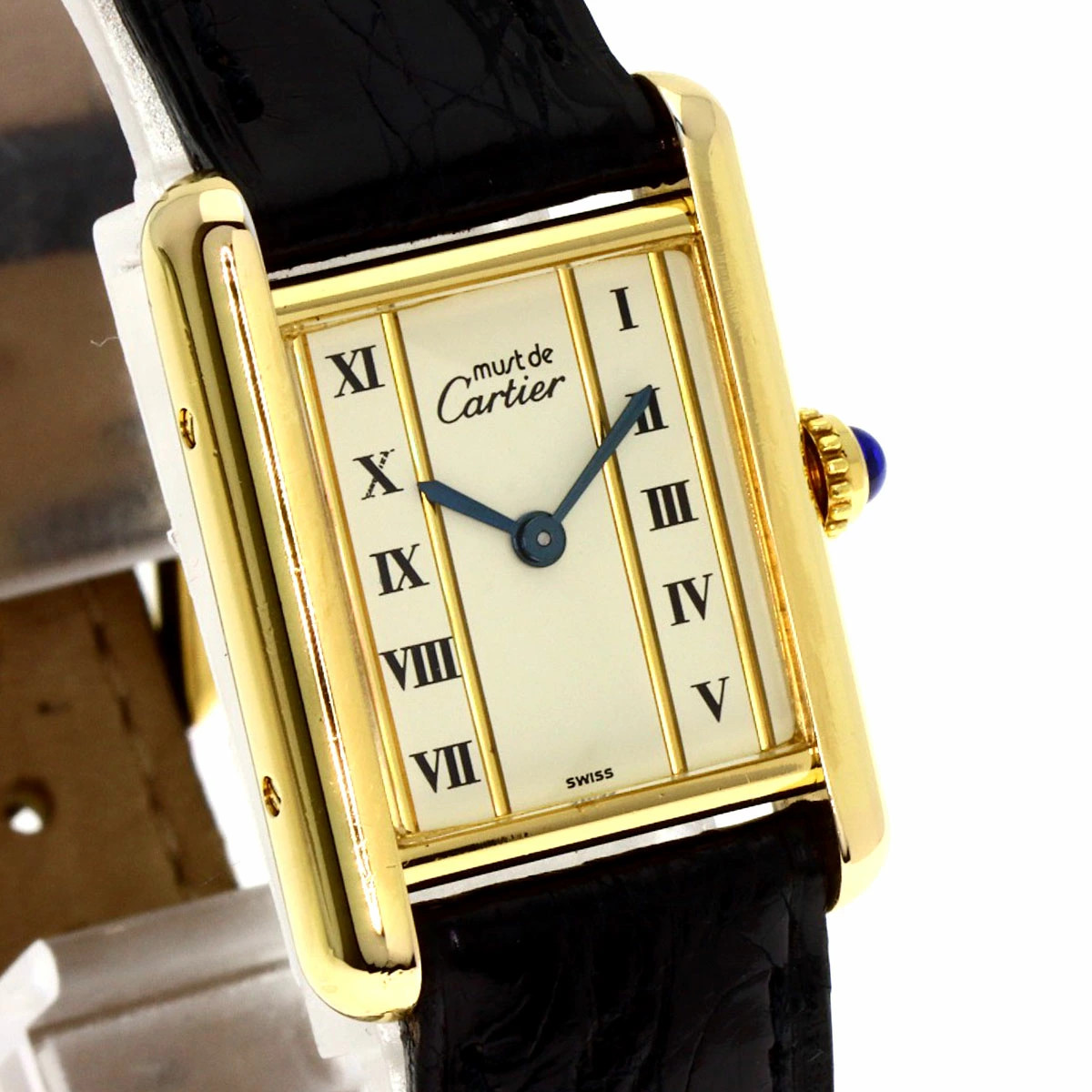Cartier Must Tank Watch Silver Leather Women’s Quartz Square Dial Box Accessary