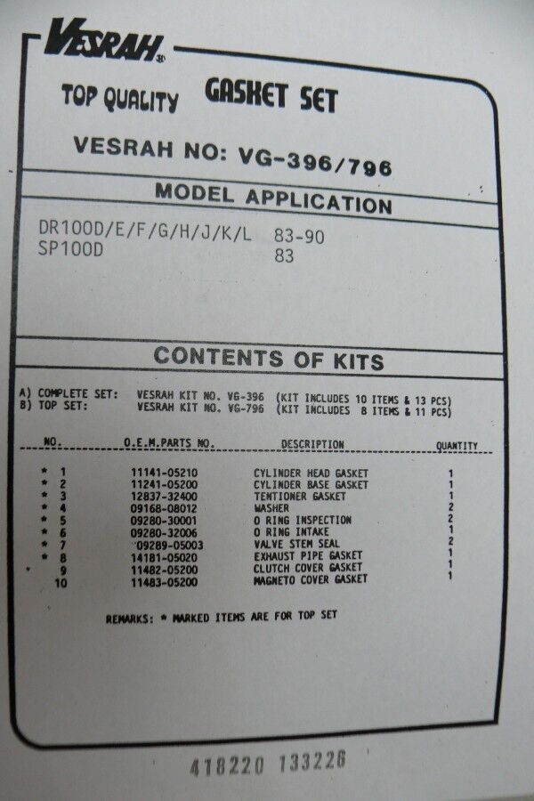 Engine gasket set Gasket set complete for SUZUKI DR SP 100 Gasket set VESRAH