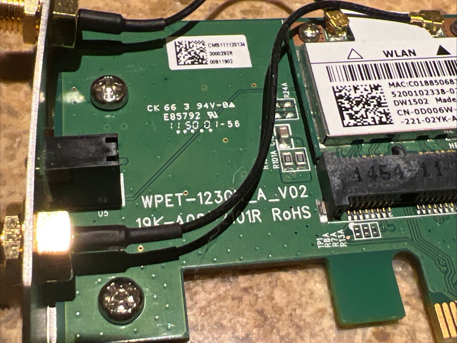 Dell WPET 123GN A V02 PCIe 19K A08 2101R WLAN Mini Card P/N: 056CGK Low Profile