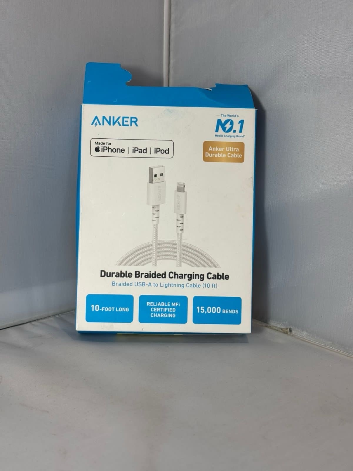 Anker 10′ Braided Lightnin to USB-A Charging 3x Faster,￼Cable – White