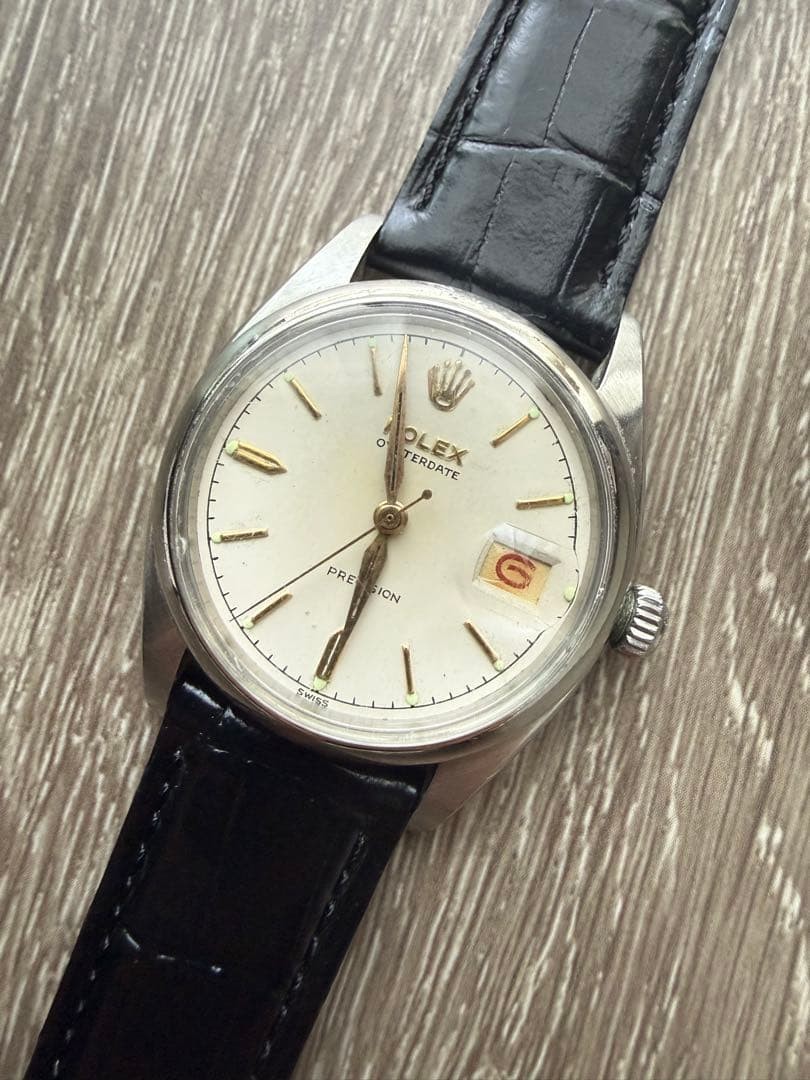 Rolex Watch Oysterdate Precision 6494 White Leather Band Red Black Calendar Rare