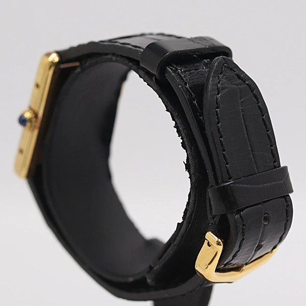 Cartier Must Tank 590005 SV925 Quartz Ladies Watch Square Dial Black Band Auth